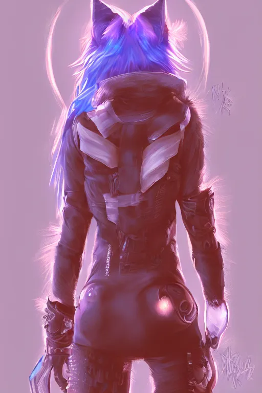 Image similar to an anthropomorphic cyberpunk fox with a fluffy tail, backlighting, trending on artstation, digital art, furry art, trending on furaffinity, fantasy art, by kawacy, view from behind