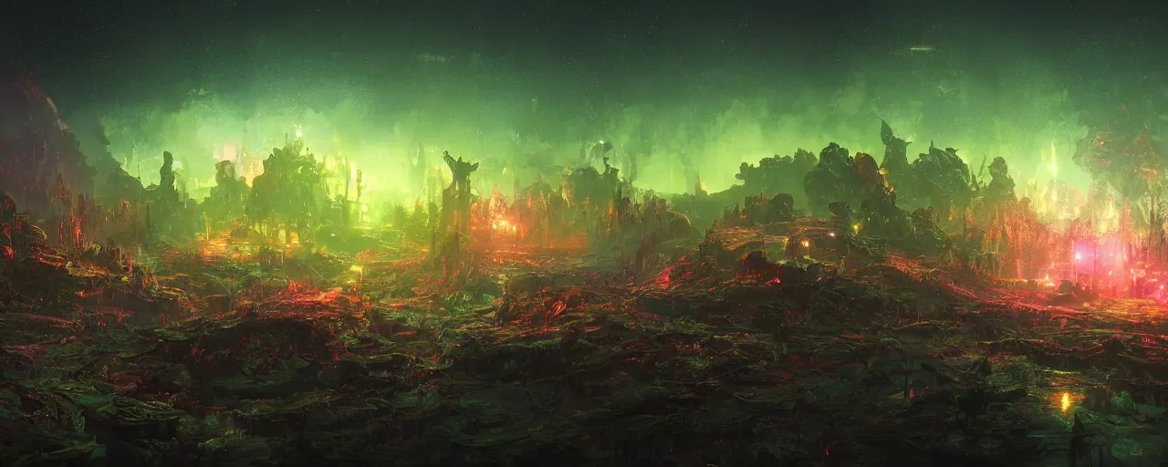 Image similar to ” otherwordly landscape at night, [ bioluminescense, cinematic, detailed, epic, widescreen, opening, establishing, mattepainting, photorealistic, realistic textures, octane render, art by slop and paul lehr ] ”