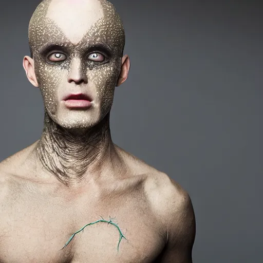 Image similar to an atractive male wearing prosthetics that makes his skin look like tiny mushrooms are growing from it, make up made the winner of the tv show the face off, photographed by andrew thomas huang for a magazine