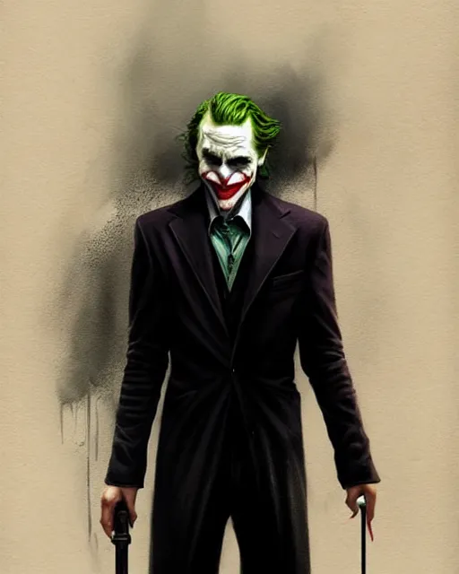 Image similar to character full body portrait of the joker | | realistic shaded, unpleasant face, bad looking, fine details, realistic shaded lighting poster by greg rutkowski, magali villeneuve, artgerm, jeremy lipkin and michael garmash and rob rey