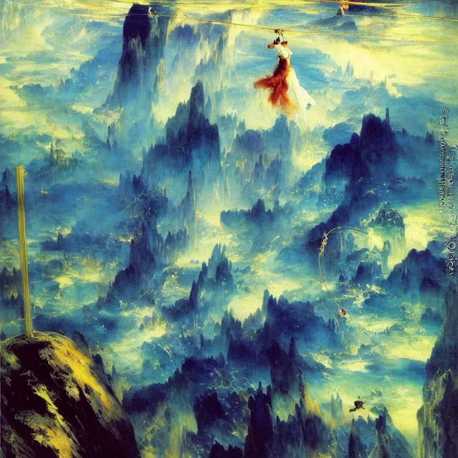 Prompt: a tightrope walker free falling down infinite clouds and mirror buildings below. painted by thomas moran. blue and indigo color scheme.