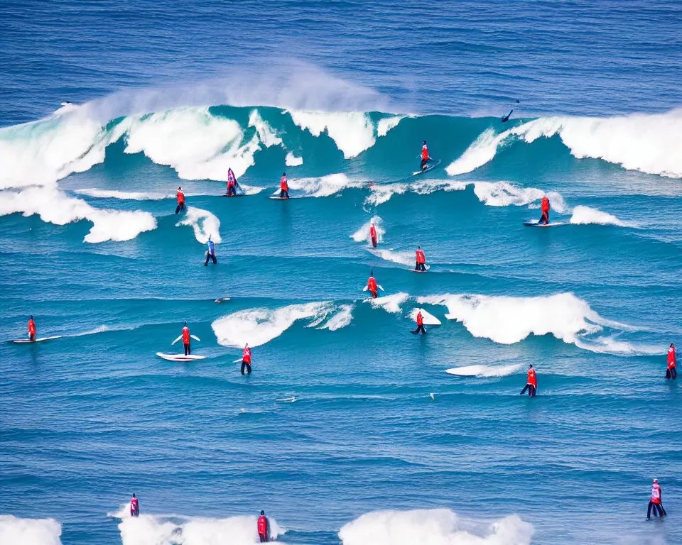 Prompt: worshippers in blue wetsuits belonging to the cult of the surfers, surfing in waves, standing on surfboards, surfing in the face of a tsunami, high detailed colors, bright deep blue