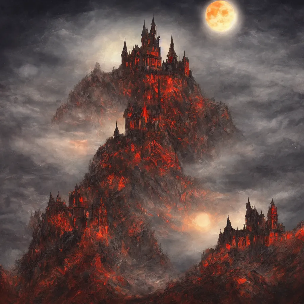 Prompt: A beautiful painting of a gothic castle on a cliff, a red moon in the sky shining at night, dark fantasy, dark soul, elden ring, 8k