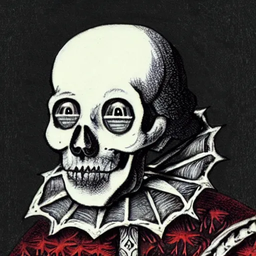 Prompt: spooky skeleton as william shakespeare, traditional art