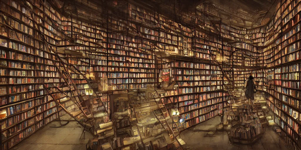 Image similar to cinematic shot of a vast interior of an old bookstore full of books with ladders and stairways, dystopian future, neon lights, sci - fi, night lights, haze, concept art, intricate, in the style of katsuhiro otomo, akira, unreal engine