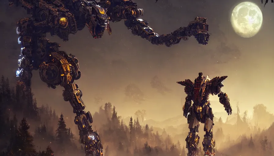 Prompt: large walking mech covered in gold and silver armor, horizon zero dawn aesthetic, beautiful moon lit night, many glowing lights, beautiful forests and trees, intricate detail, epic wallpaper, art by darek zabrocki and John Park and Feng Zhu and Jason Chan, trending on artstation, masterpiece.