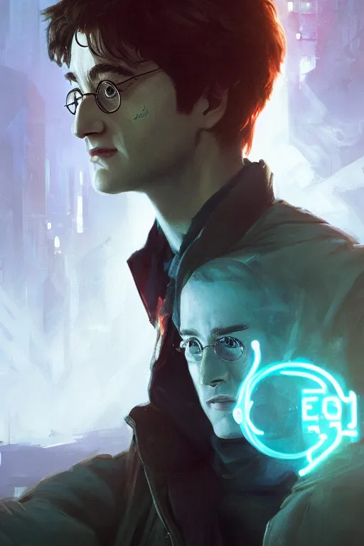 Prompt: Portrait of Harry Potter in cyberpunk, implants, neon cinematic lighting, digital art from artstation by Ruan Jia and Mandy Jurgens and Artgerm and william-adolphe bouguereau and Greg Rutkowski and Wayne Barlowe