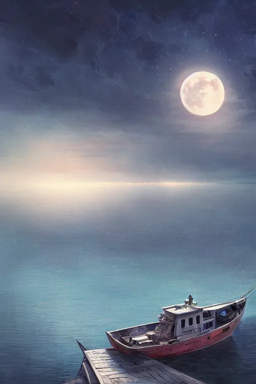 Image similar to a highly detailed matte painting of a fishing boat on lake under moon and stars by studio ghibli, makoto shinkai, by artgerm, by wlop, by greg rutkowski, volumetric lighting, cyberpunk, octane render, 4 k resolution, trending on artstation, masterpiece