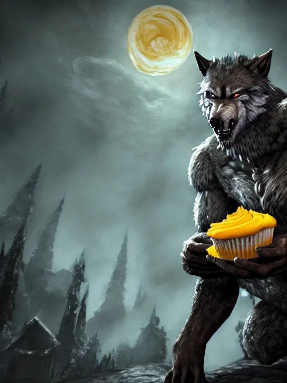 Prompt: cute handsome cuddly burly surly relaxed calm timid werewolf from van helsing holding a delicious cupcake with orange frosting sitting down at the breakfast table in the kitchen of a normal suburban home unreal engine hyperreallistic render 8k character concept art masterpiece screenshot from the video game the Elder Scrolls V: Skyrim