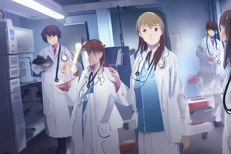 Image similar to a cute young female doctor wearing white coat are doing an operation in a hospital, slice of life anime, cinematic, lighting, 8kHDR, anime scenery by Makoto shinkai