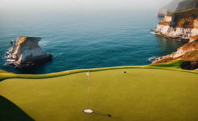 Image similar to a great photograph of the most amazing golf hole in the world, incredible light, cliffs by the sea, perfect green fairway, human perspective, ambient light, 5 0 mm, golf digest, top 1 0 0, fog