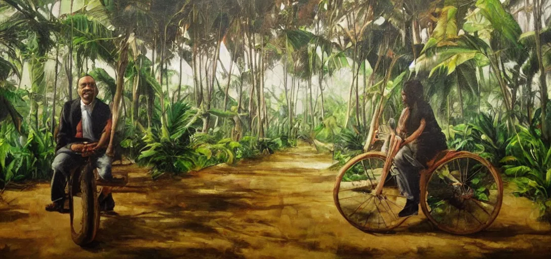 Image similar to kayne sitting on cyclo, inside a tropical forest, daylight happy mood, aged oil painting by le pho