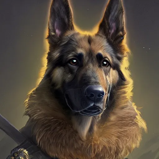 Image similar to german shepherd as odin, intricate, elegant, highly detailed, digital painting, artstation, concept art, matte, illustration, hearthstone, art by artgerm and greg rutkowski and alphonse mucha, simon stalenhag, hyperreal