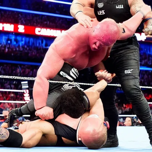 Prompt: https://static.foxnews.com/foxnews.com/content/uploads/2022/07/Brock-Lesnar2.jpg trying to beat beat up roman reigns