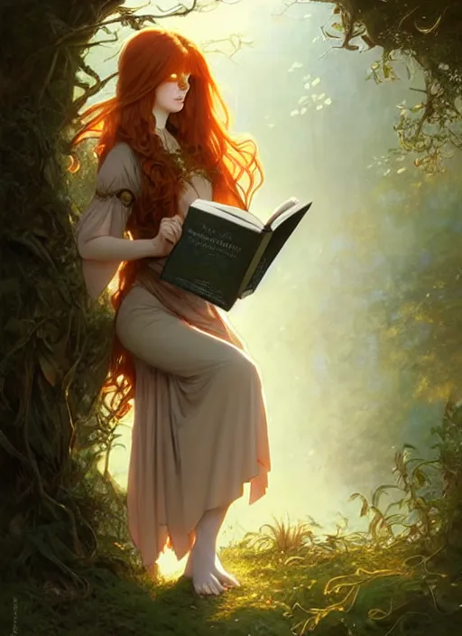 Prompt: beautiful female ginger hair glasses symmetrical face eyes full length fantasy art, fae princess, forest landscape reading a book, fantasy magic, dark light night, sharp focus, digital painting, 4k, concept art, d&d, art by WLOP and Artgerm and Greg Rutkowski and Alphonse Mucha