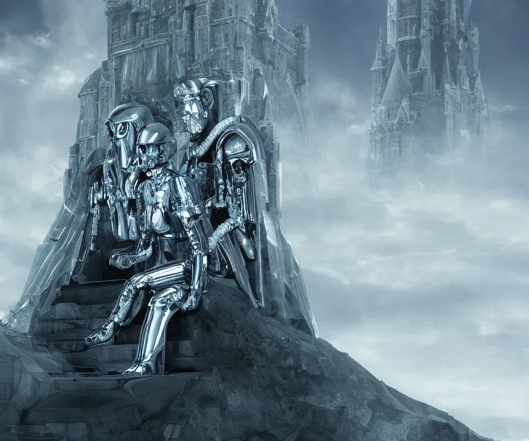 Image similar to translucent cyborg sitting on an aluminum throne, futuristic castle background, fantasy sci - fi, sharp lines, metallic, 2 0 0 mm focus