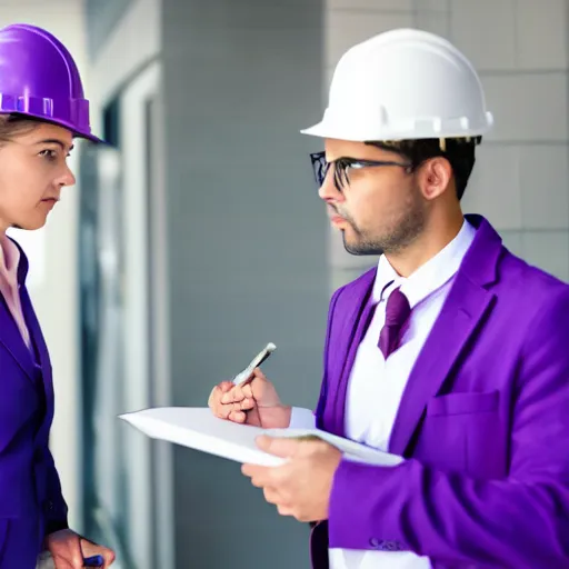 Prompt: woman in a purple suit scolding man in construction outfit holding clipboard, realistic, 4 k