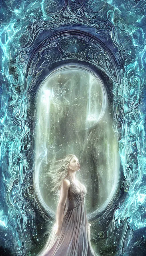 Prompt: goddess of illusion, beautiful, stunning, breathtaking, mirrors, glass, magic circle, magic doorway, fantasy, mist, bioluminescence, hyper - realistic, unreal engine, by james gurney