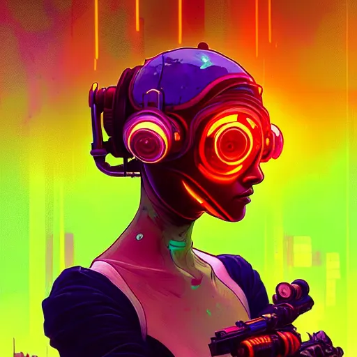 Prompt: a beautiful portrait painting of a ( cyberpunk ) girl by simon stalenhag and pascal blanche and alphonse mucha!! and nekro!! and josan gonzalez. in style of digital art. colorful comic, film noirs, symmetry, brush stroke, vibrating colors, hyper detailed. octane render. trending on artstation