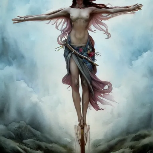 Prompt: full body portrait, long shot, Crucifixion pose, of a beautiful goddess, sworming in flowers, magical, pale skin, blue eyes, long black hair, floating in a misty daze, by pete mohrbacher and greg rutkowski, watercolor painting, deviantart, pinterest