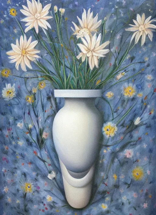 Image similar to a painting of a vase with flowers in it, a surrealist painting by Bridget Bate Tichenor, featured on deviantart, metaphysical painting, oil on canvas, acrylic art, airbrush art