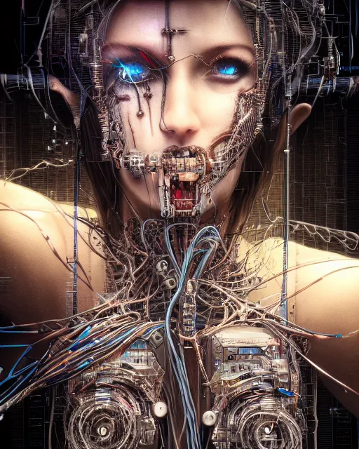 Image similar to portrait photo of an aesthetic biomechanical cyborg plugged into a quantum computer with cables and wires and optic fibers. cyberpunk horror style. art by luis royo. highly detailed 8 k. intricate. nikon d 8 5 0 5 5 mm. award winning photography.