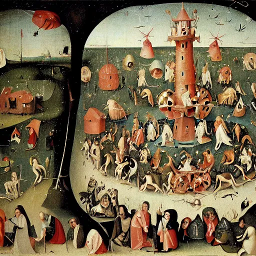 Image similar to book page of Where’s Waldo in the style of Hieronymus Bosch, Waldo is walking