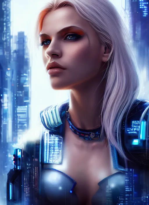 Image similar to photo of a gorgeous blonde female in cyberpunk city, realistic, sharp focus, 8 k high definition, insanely detailed, intricate, elegant, artgerm, greg kutkowski, high contrast dramatic lighting