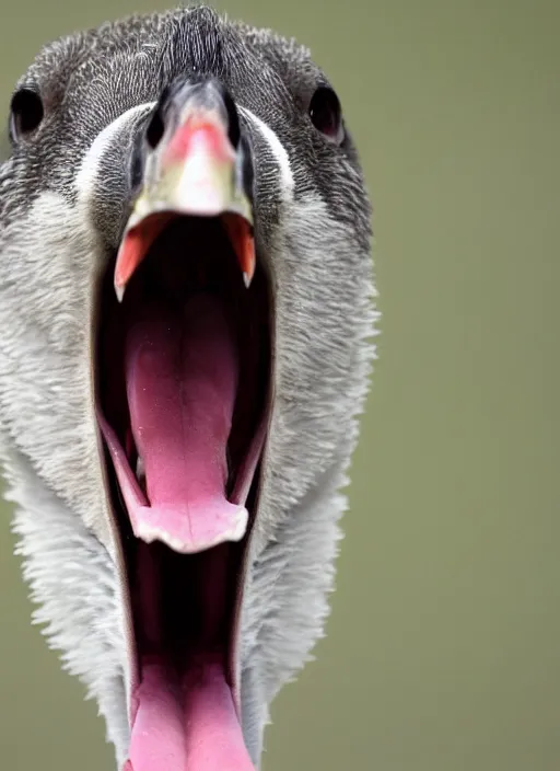 Image similar to close up of a goose screaming. honking goose. mouth open wide. nature award winning photography, canon dslr
