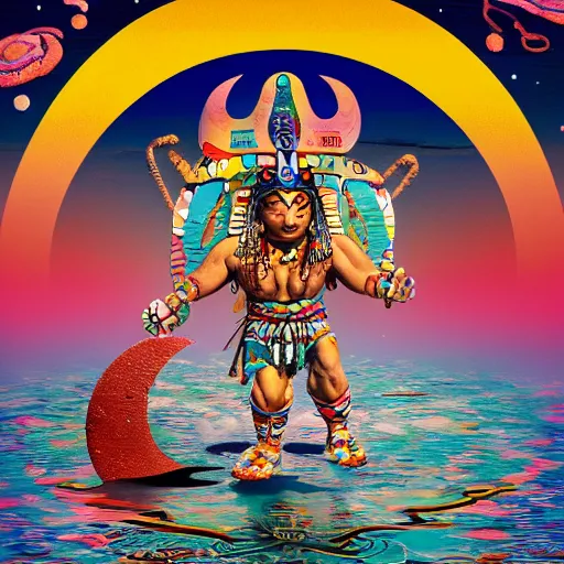 Prompt: a mayan warrior walking on water under the moon by takashi murakami, ernst haekl and james jean, aya takano color style, 4 k, super detailed