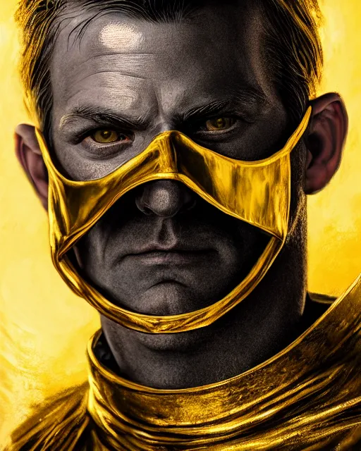 Image similar to acrylic portrait of man with a golden mask, photorealistic, shaded, cinematic lighting, high production value, intricate details, high resolution, hdr, high definition, masterpiece, realistic, ultrarealistic, highly detailed, hd, sharp focus, non blurry, sharp, smooth