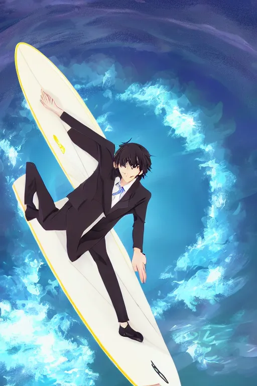 Prompt: anime guy in formal suit surfing through a wormhole using a high technology surfboard, wlop, trending on artstation, deviantart, anime key visual, official media, professional art, 8 k uhd