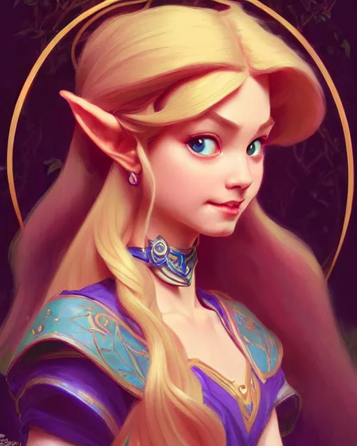 Image similar to portrait of disney zelda, intricate, elegant, highly detailed, my rendition, digital painting, artstation, concept art, smooth, sharp focus, illustration, art by artgerm and greg rutkowski and alphonse mucha and uang guangjian and gil elvgren and sachin teng, symmetry!!