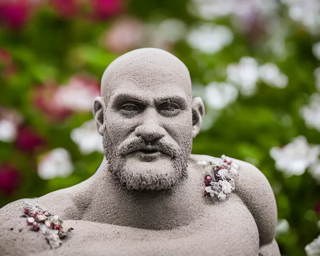 Image similar to 8 5 mm food photography of kratos made of sand near a garden with dof and bokeh and flowers o