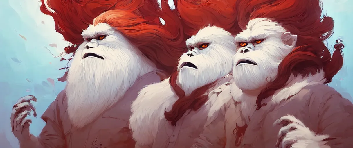 Prompt: beautiful artistic - wave highly detailed portrait yeti and bigfoot, with kitsune mask, long red hair, by atey ghailan, by greg rutkowski, by greg tocchini, by james gilleard, by joe fenton, by kaethe butcher, dynamic lighting, gradient light blue, brown, blonde cream and white color scheme, grunge aesthetic