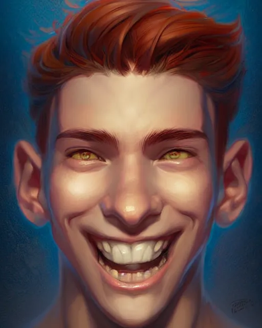 Image similar to digital art, fantasy portrait of a boy with a large smile, by James Jean and by artgerm, by ross tran , ultradetailed, charachter design, concept art, trending on artstation,