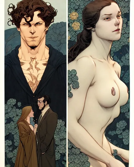 Image similar to artwork by James Jean and artwork by Phil noto and artwork by Rebecca guay of a handsome man and a beautiful woman back to back