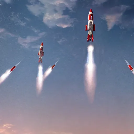 Image similar to a group of rockets taking off in the sky, realistic painting, high definition, digital art, matte painting, very detailed, realistic