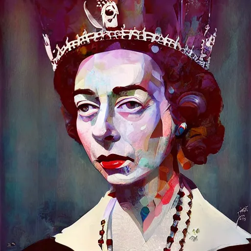 Prompt: surrealistic portrait of young queen elizabeth 2 by james gilleard, alexander jansson, sam kieth, anna bocek, thick impasto, clear brush strokes, oil, ink, wash, scratches. octane rendered, unreal engine