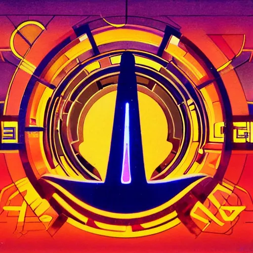 Prompt: logo of nuclear tower in - front of an futuristic glass city, sun, centered, art deco, 1 9 5 0's, neon, glowing highlights, peaceful