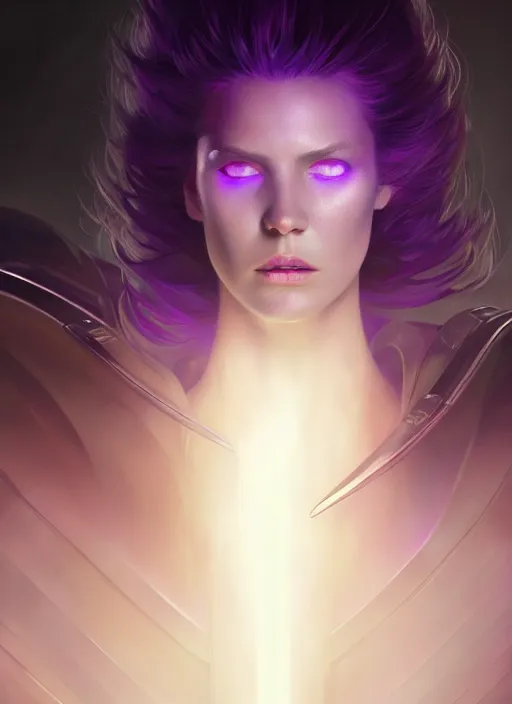 Image similar to top down lighting, close up, stunning portrait of a woman in purple leather sci - fi armor with a long black ponytail, purple eyes, spaceship hallways, intricate, fog, mist, god rays, spotlights, highly detailed, digital painting, artstation, concept art, smooth, sharp focus, illustration, art by wlop, mars ravelo and greg rutkowski