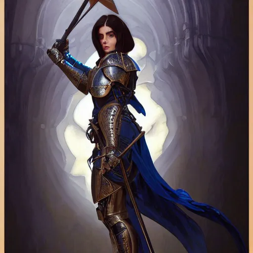 Prompt: Ashley Greene with dark blue hair as Joan of Arc wearing metal armor, western, D&D, fantasy, intricate, elegant, highly detailed, digital painting, artstation, concept art, matte, sharp focus, illustration, art by Artgerm and Greg Rutkowski and Alphonse Mucha