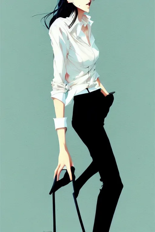 Image similar to a ultradetailed beautiful panting of a stylish woman, she is wearing a white shirt with a tie and black pants, by conrad roset, greg rutkowski and makoto shinkai trending on artstation