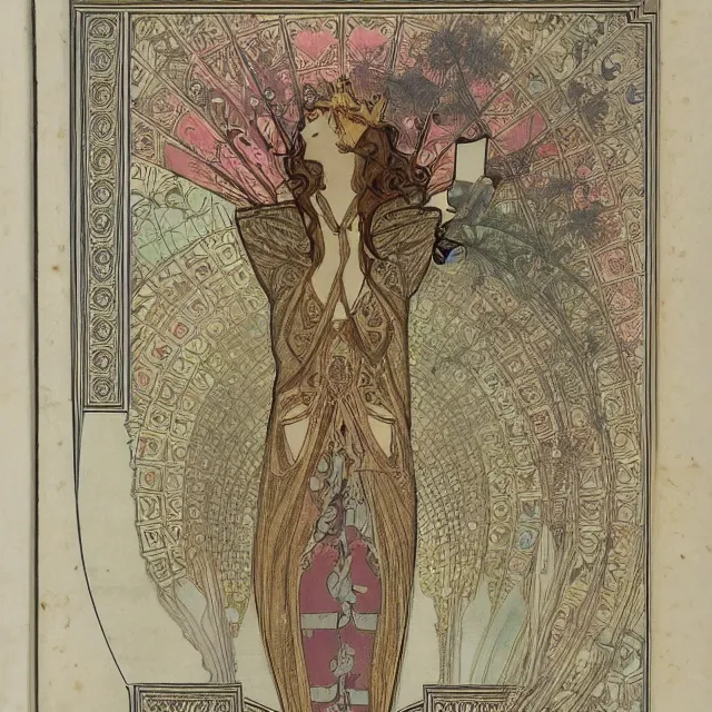 Image similar to detailed, intricate technical drawings on parchment from 1 8 4 0, accented with color, with labels and notes, for a beautiful, symmetric, art deco android hand, by ron cobb and alphonse mucha