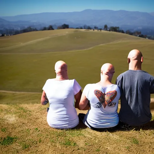 Prompt: portrait of a bald white male tattoos and his white female wife with tattoos. male is wearing a white t - shirt, tan shorts, white long socks. female is has long brown hair and a lot of tattoos. photo taken from behind them overlooking the field with a goat pen. rolling hills in the background of california and a partly cloudy sky