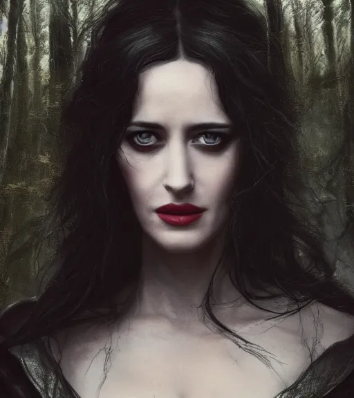 Image similar to 5 5 mm close up portrait photo of eva green as yennefer of vengerberg in black leather armor and long black fluff hair, in a forest. magical atmosphere. art by greg rutkowski. lifelike. very detailed 8 k. intricate. soft light. nikon d 8 5 0.