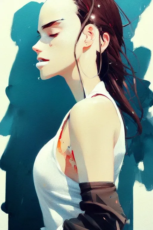 Image similar to a ultradetailed beautiful painting of a stylish woman with a white tank top, by conrad roset, greg rutkowski and makoto shinkai trending on artstation