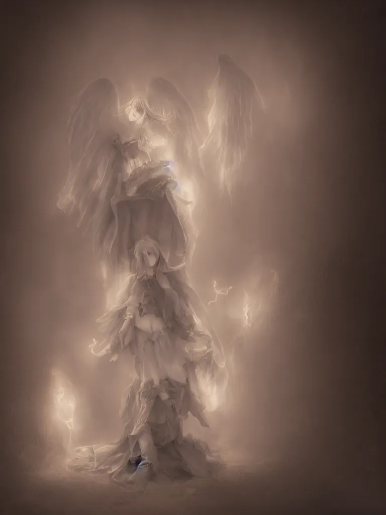 Prompt: cute fumo plush gothic angel maiden girl in hood ghost wraith making an apparition in an abandoned church, fallen angel, wisps of smoke and glowing volumetric fog, vignette, orthographic, vray