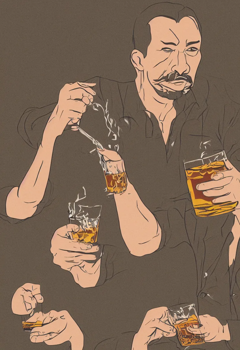 Image similar to a man drinking whiskey on his birthday, highly detailed 2 d illustration in matte colors