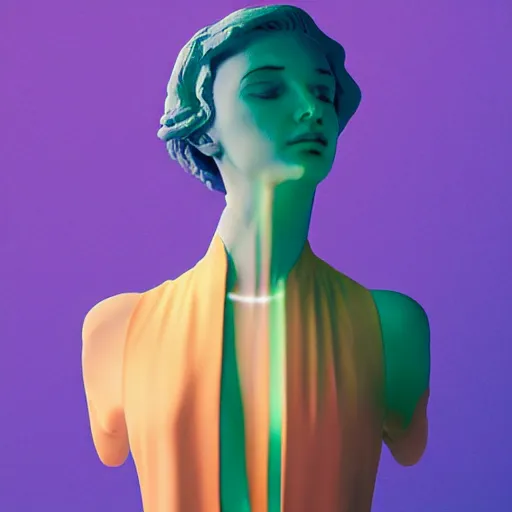 Prompt: flume and former cover art future bass girl chest bust statue serene petite soft futuristic material vibrant colours simple background Jonathan Zawada style